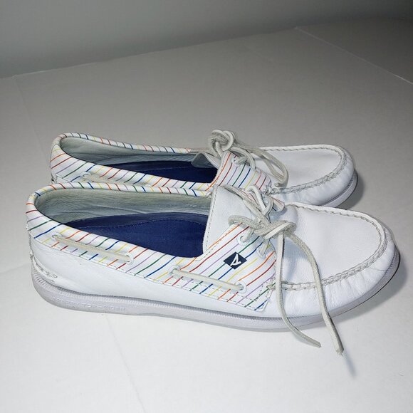 - Sperry Top Side Authentic Original Pride Boat Shoes White Leather Size 13 - Picture 1 of 12